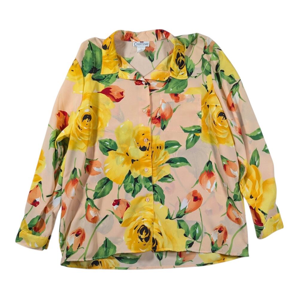 Vtg 1980s Courtenay Peach Yellow Rose Floral Button Up Collared Blouse Sz XL